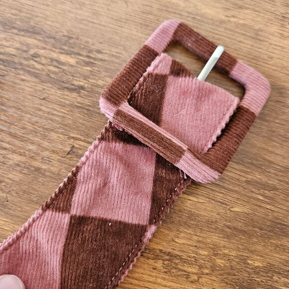 Vintage 90s Y2K Pink Brown Corduroy Check Checkerboard Fabric Waist Belt S/M - Picture 4 of 6